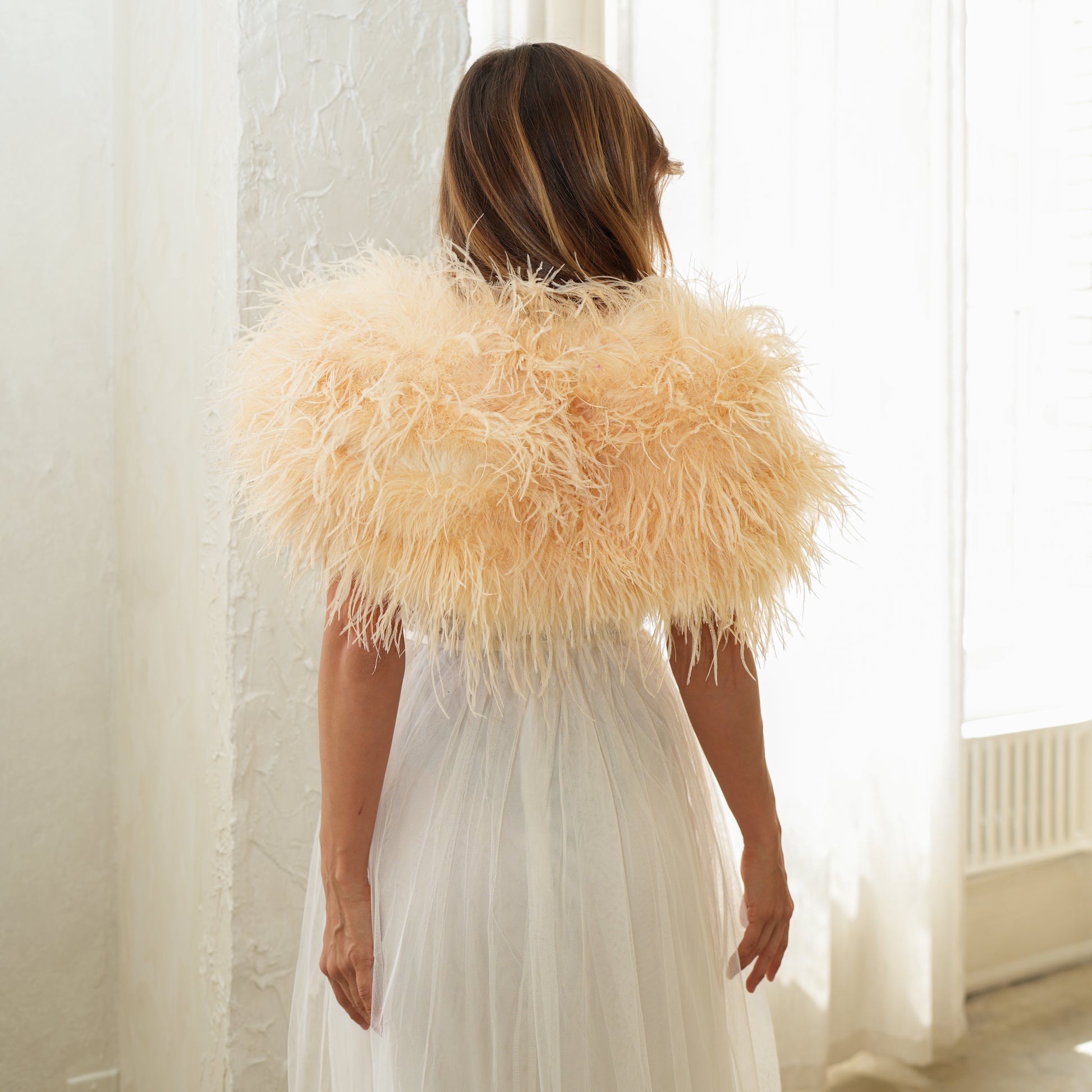 Zucker Feather Bolero Jacket | Nude Beige Ostrich Feather Bridal Accessory featherplace.com by Zucker Feather Products, Inc. Zucker Feather Bolero Jacket | Nude Beige Ostrich Feather Bridal Accessory featherplace.com by Zucker Feather Products, Inc.
