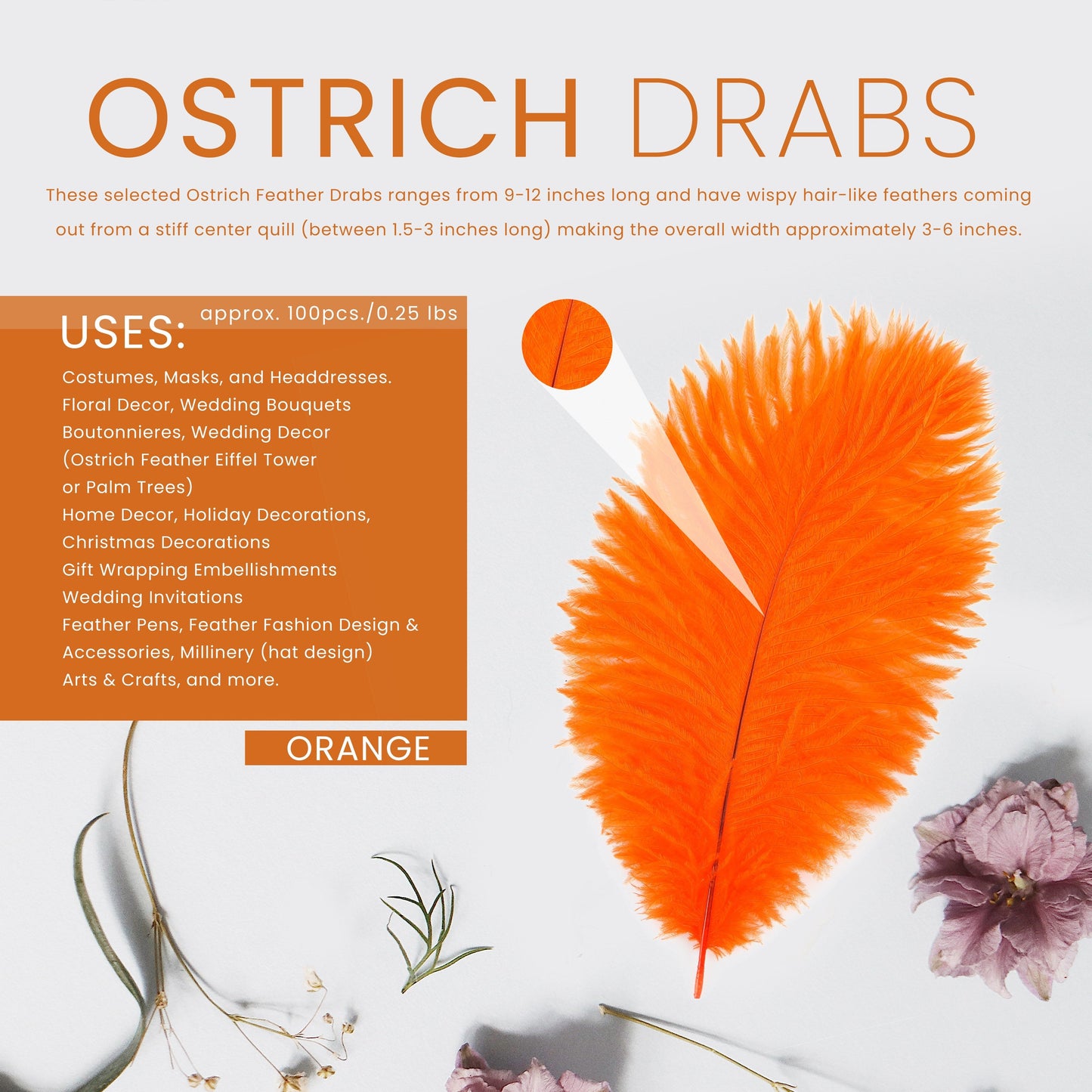 Ostrich Feathers 9-12" Drabs - Orange