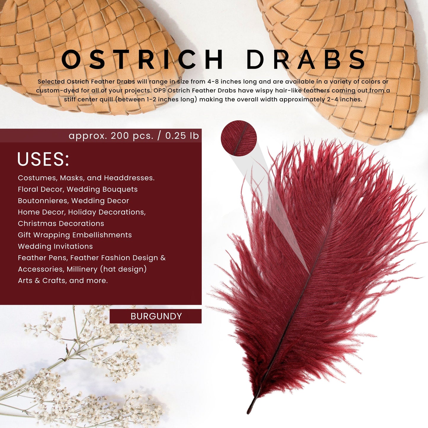 Ostrich Feathers 4-8" Drabs - Burgundy