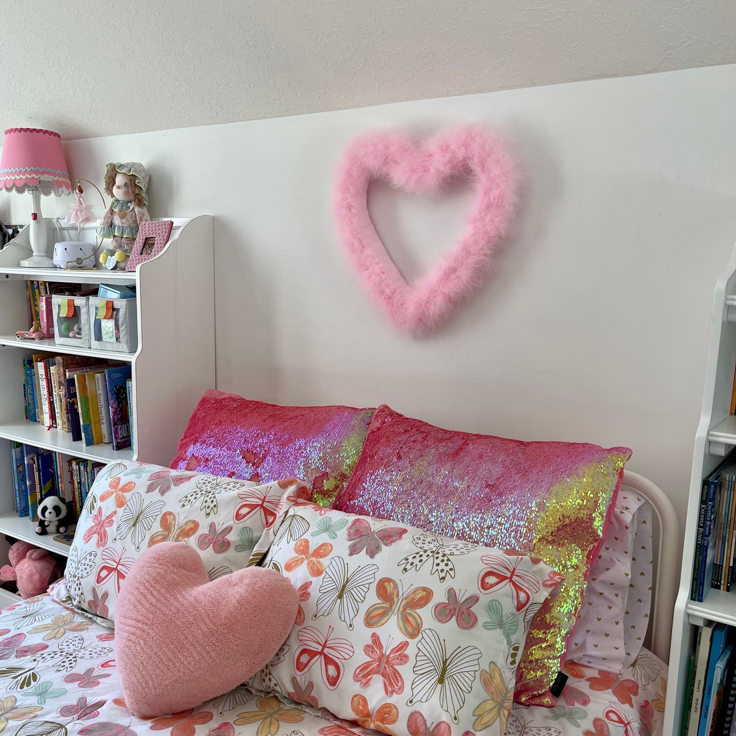 Decorative Candy Pink Heart Shaped Feather Wreath and Wall Art