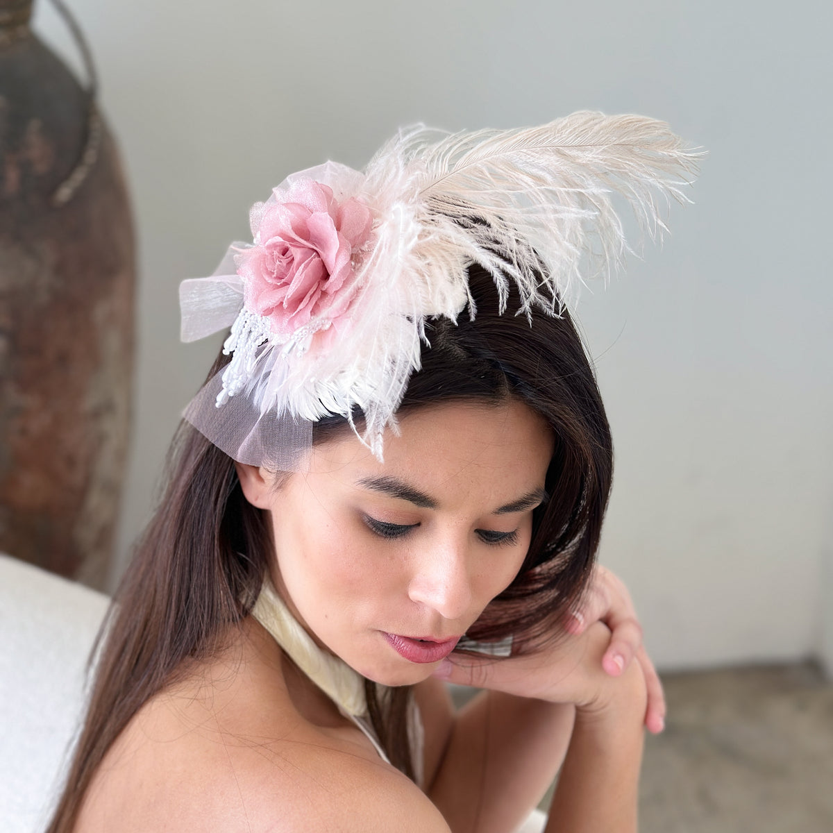 Feather Fascinator.  Pink Bubblegum Pink Feather Fascinator Hat – JBee main image 2
