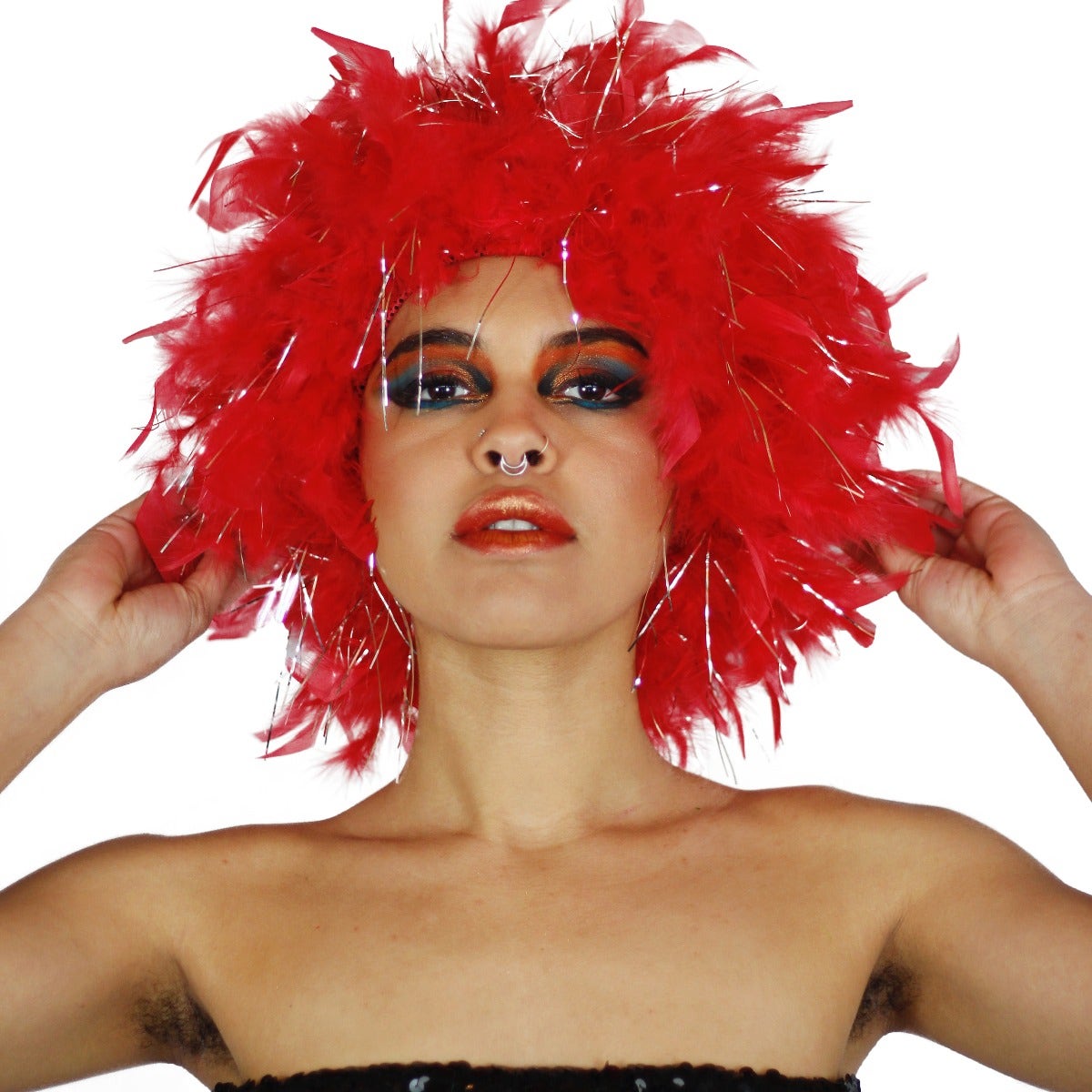 Chandelle Feather Wig-Lurex - Red/Silver Lurex