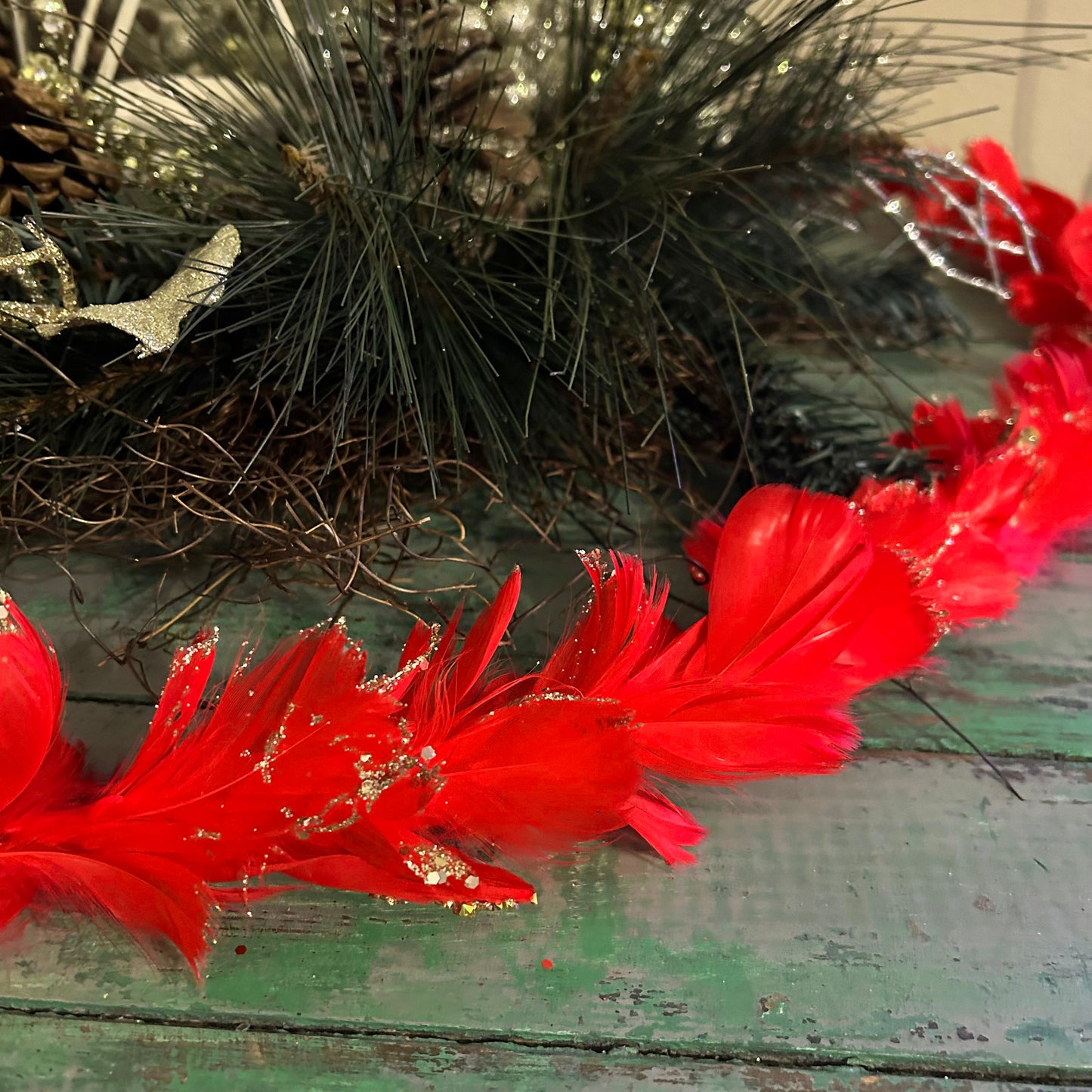 Feathered Red Christmas Garland