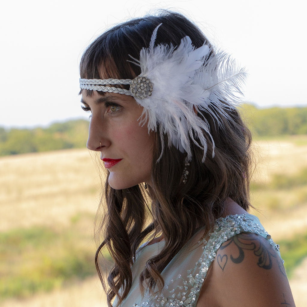 Feather Headband w/Ostrich/Schlappen Silver/White/Champagne