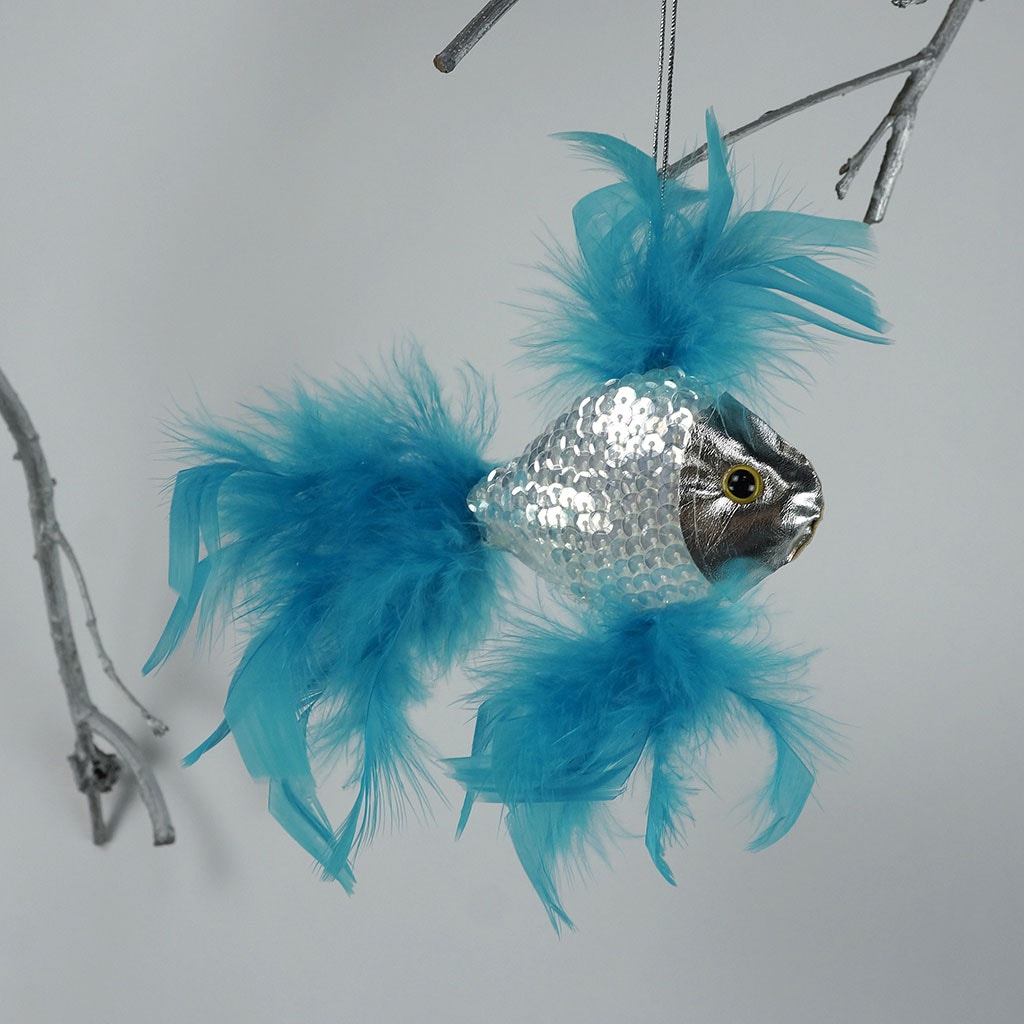 Feather Fish Ornament Silver/Dark Turquoise