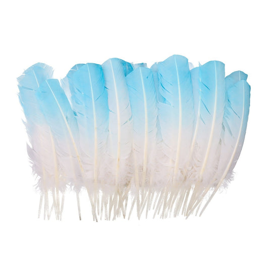 Bulk Two Tone Ombre Tipped Turkey Round Feathers - Right Wing - 10-12” - 1/4 lb -  Light Turquoise/White