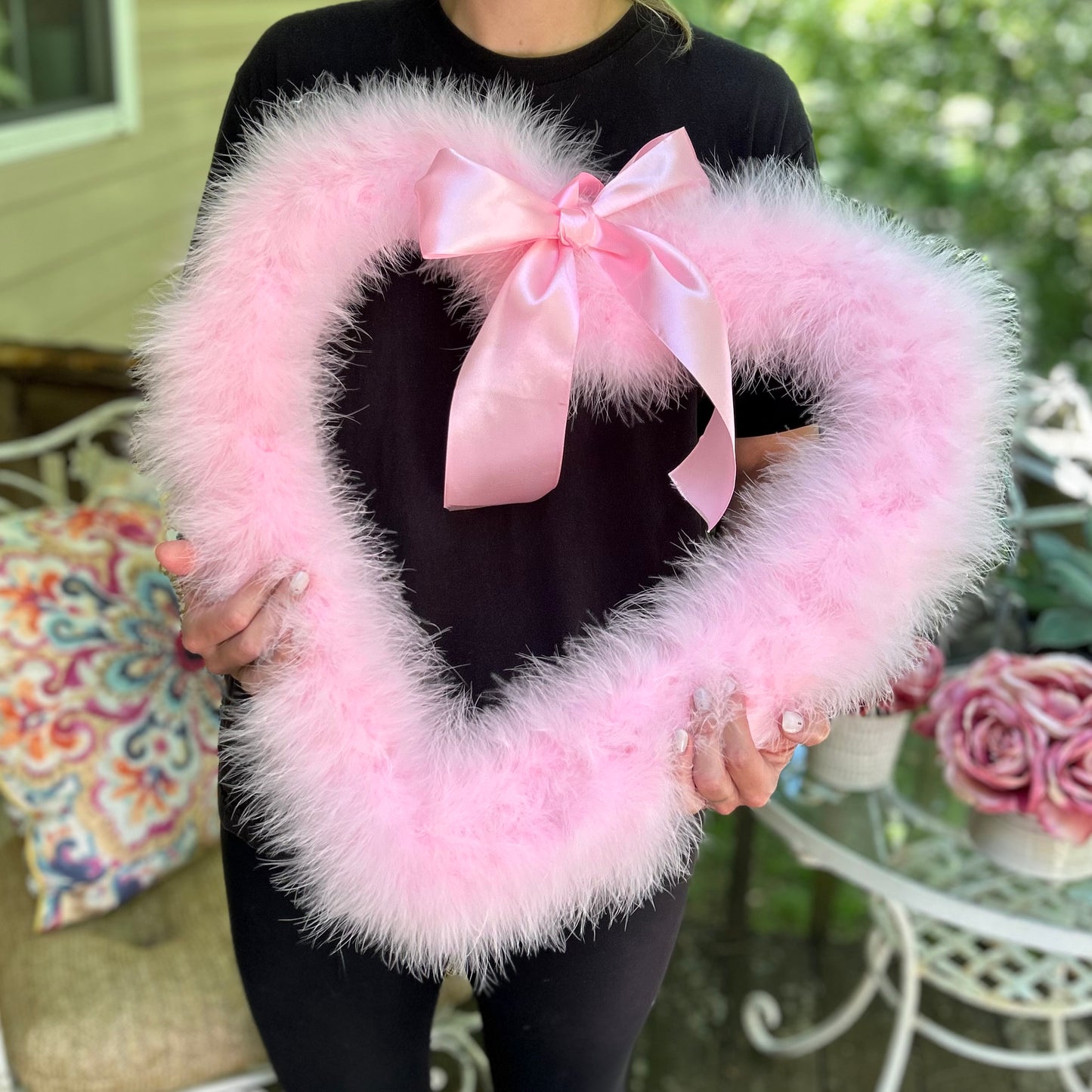 Decorative Candy Pink Heart Shaped Feather Wreath and Wall Art