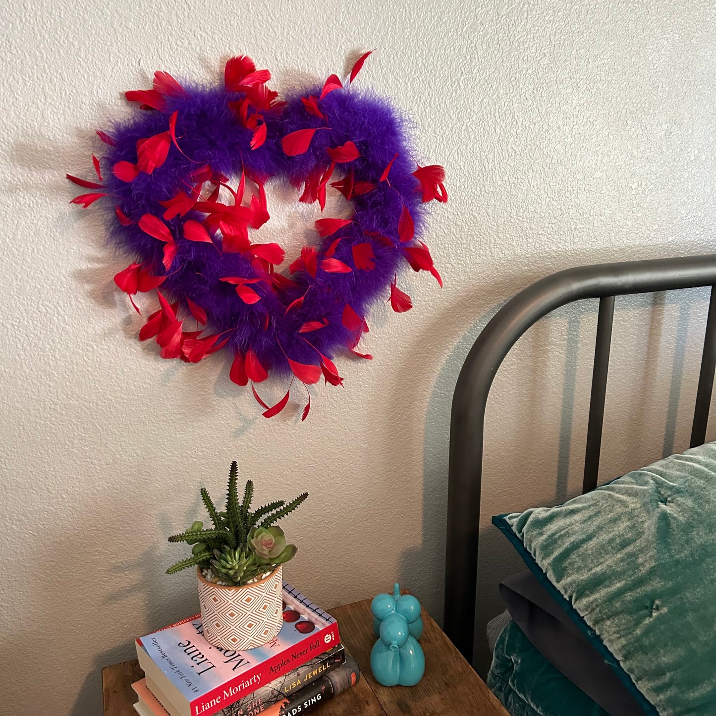 Decorative Red & Purple Feather Heart Shaped Wreath Wall Art