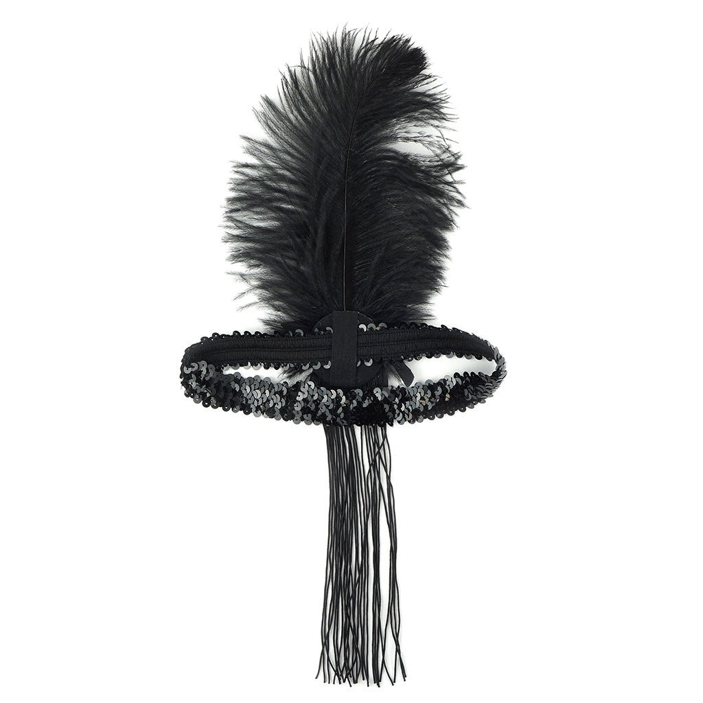 Flapper Feather Headband w/Tassel - Black and Black