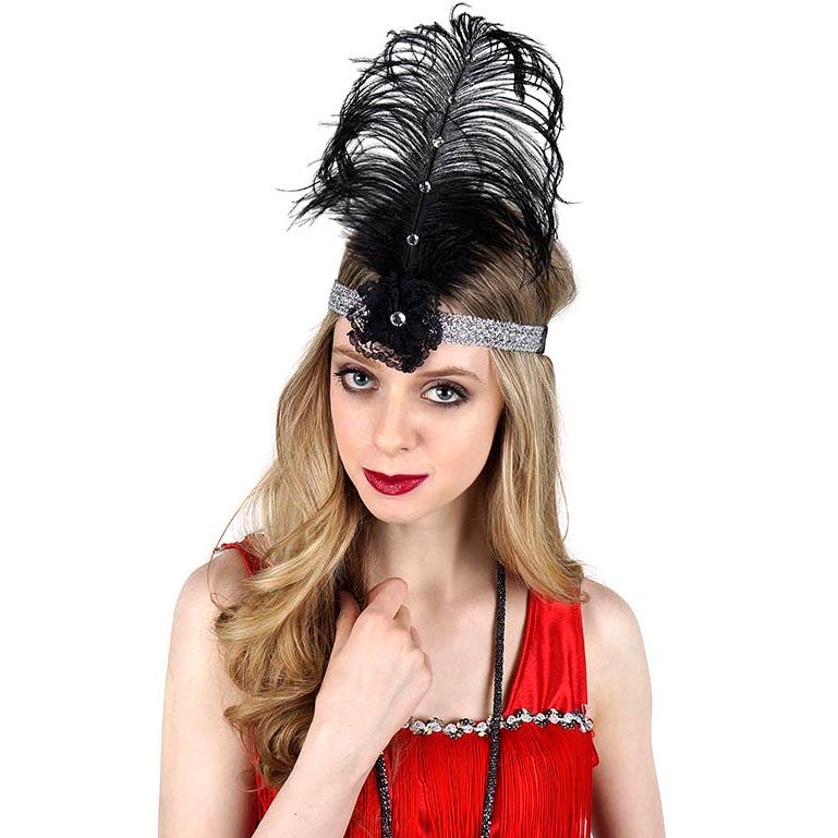 Ostrich Flapper Headband Black/Silver