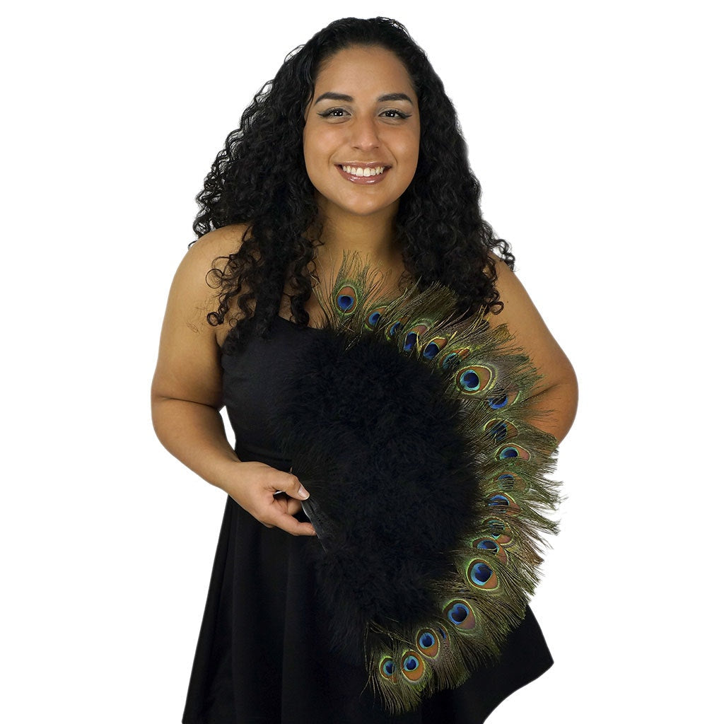 Marabou-Peacock Feather Fan - Black