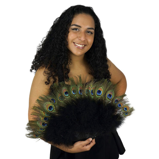 Marabou-Peacock Feather Fan - Black