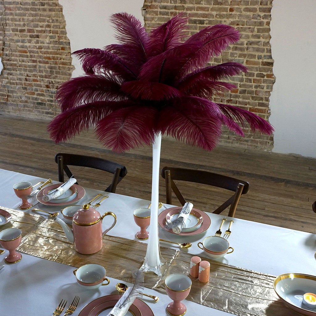 Ostrich Eiffel Tower Centerpiece Burgundy w/White Vase