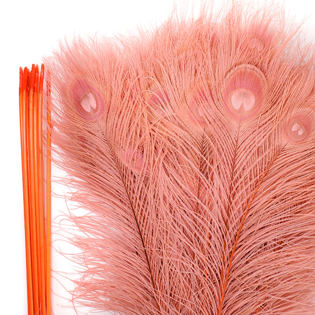 Peacock Tail Eyes Bleached Dyed Feathers - 25-40 Inch - 100 PCS - Coral