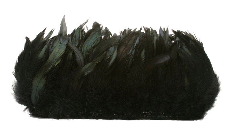 Rooster Feathers, 2" strip of 4-6” Half Bronze Schlappen Rooster Strung Craft Feathers - BLACK