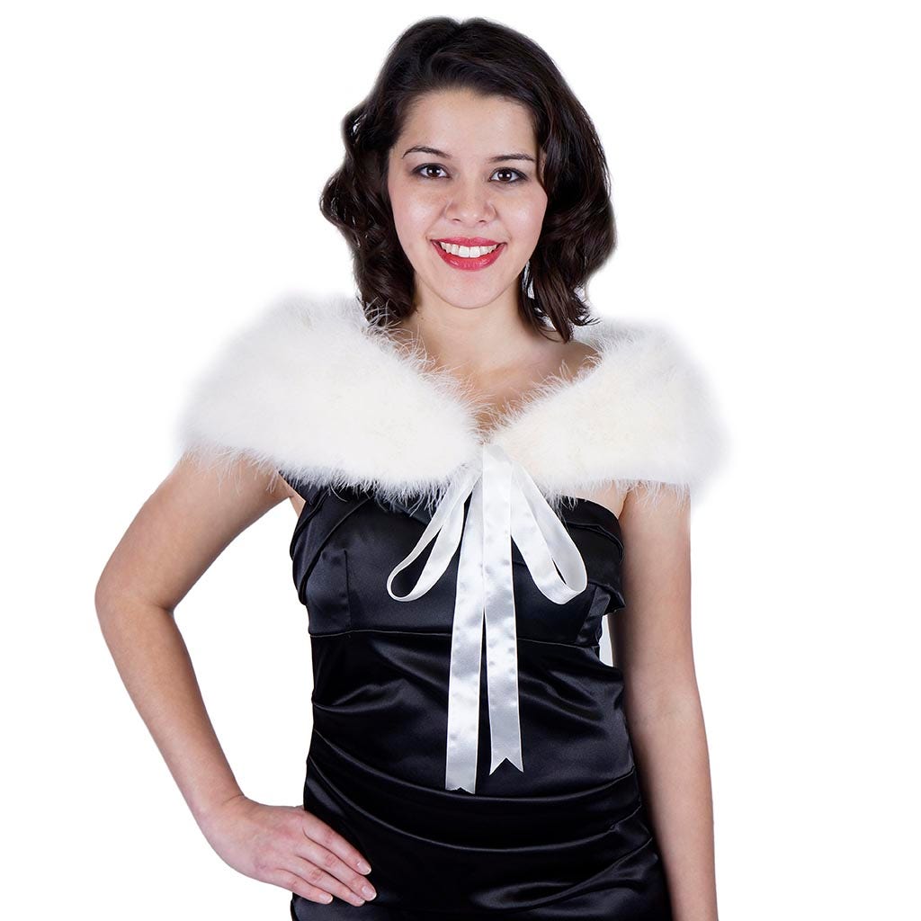 Marabou Feather Shawl w/Ribbon Ties - Ivory