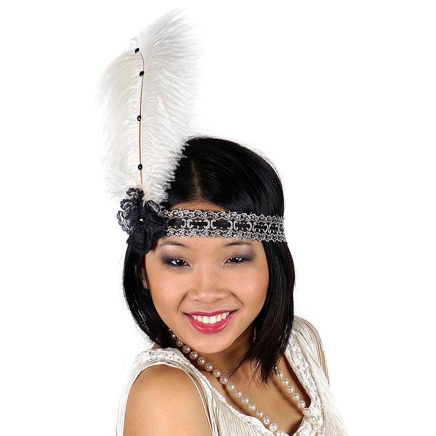 Ostrich Flapper Headband Ivory/Grey/Black