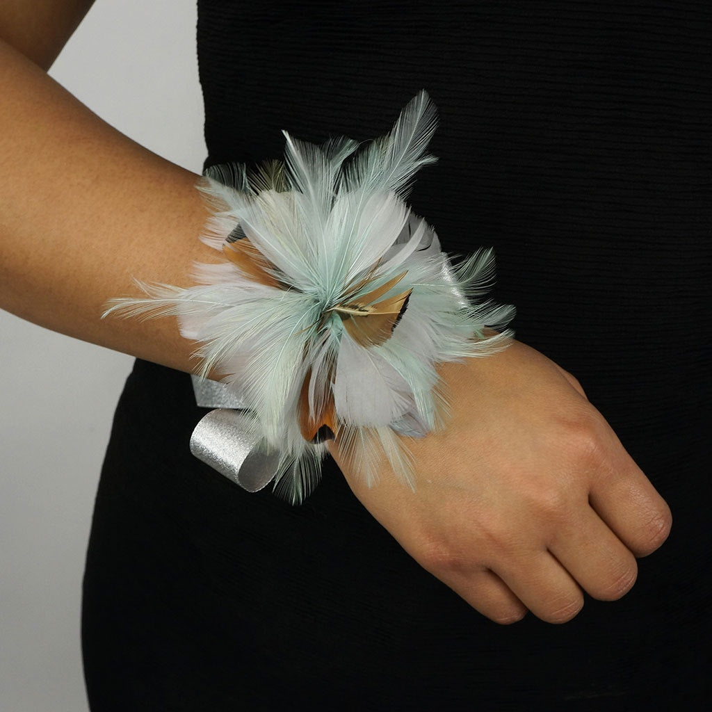 Feather Flower Corsage - Mint Green / Silver