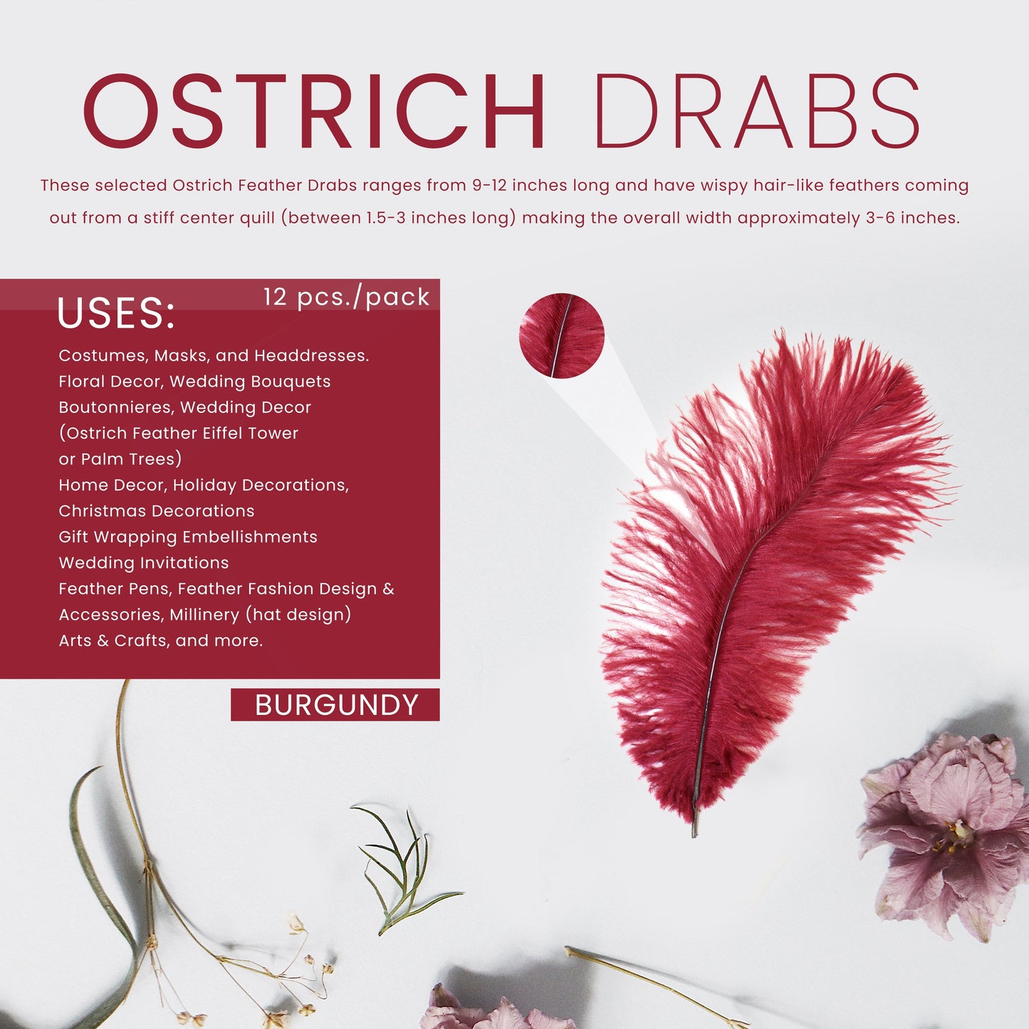 Ostrich Feather-Drabs-9-12"-12 pcs Burgundy