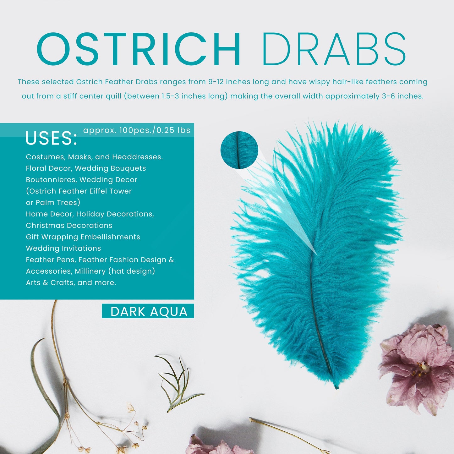Bulk Feather Ostrich Drabs - 9-12" 1/4 lb Dark Aqua