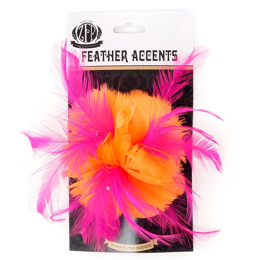 Feather Corsage-Coquille-Hackle-Jewel - Mango/Shocking Pink