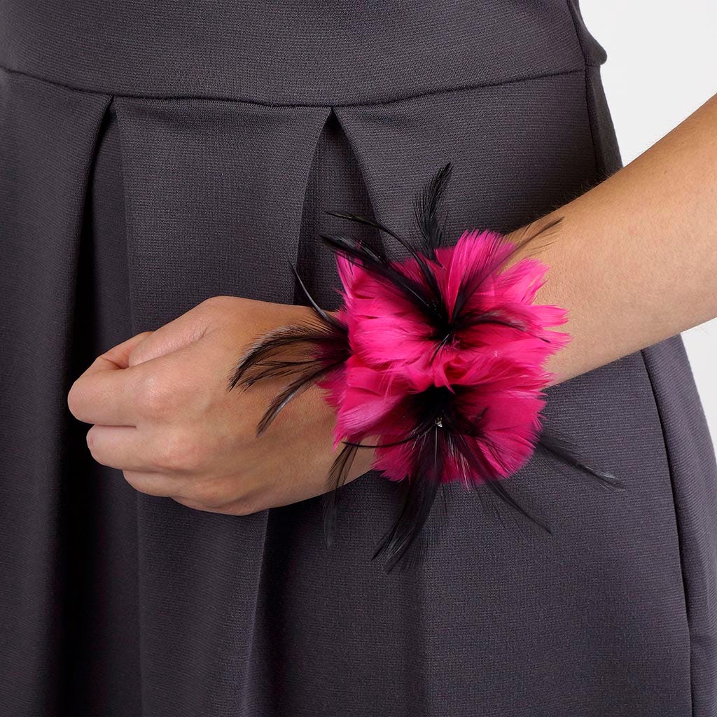 Feather Corsage-Coquille-Hackle-Jewel - Shocking Pink/Black