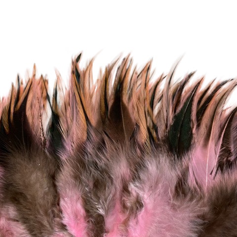 Badger Rooster Saddle Feathers Strung - 2" strip of 4-6" Rooster Feathers - Candy Pink