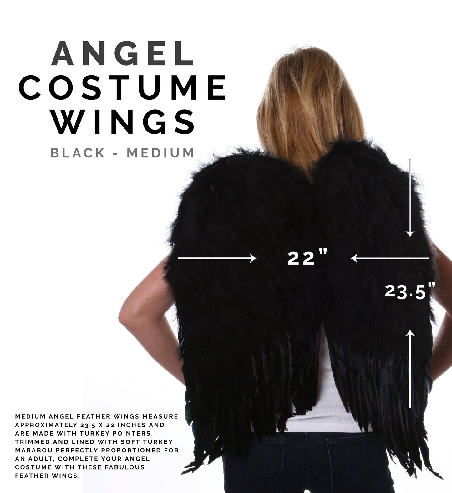 Medium Black Angel Costume Wings - Halloween and Cosplay Feather Wings for Adults, Teens and Children