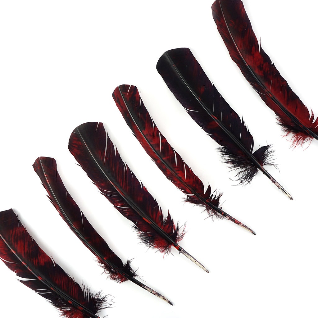 Custom Tie-Dyed Turkey Feathers Quill Right Wing - Red And Black