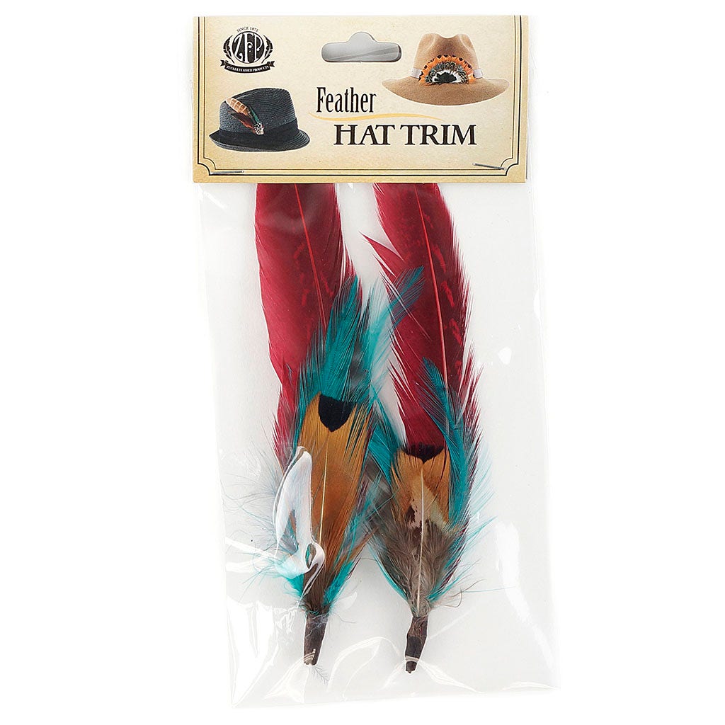 Pheasant Hackle Feather Hat Trims - Dark Aqua- Tango Red - Natural