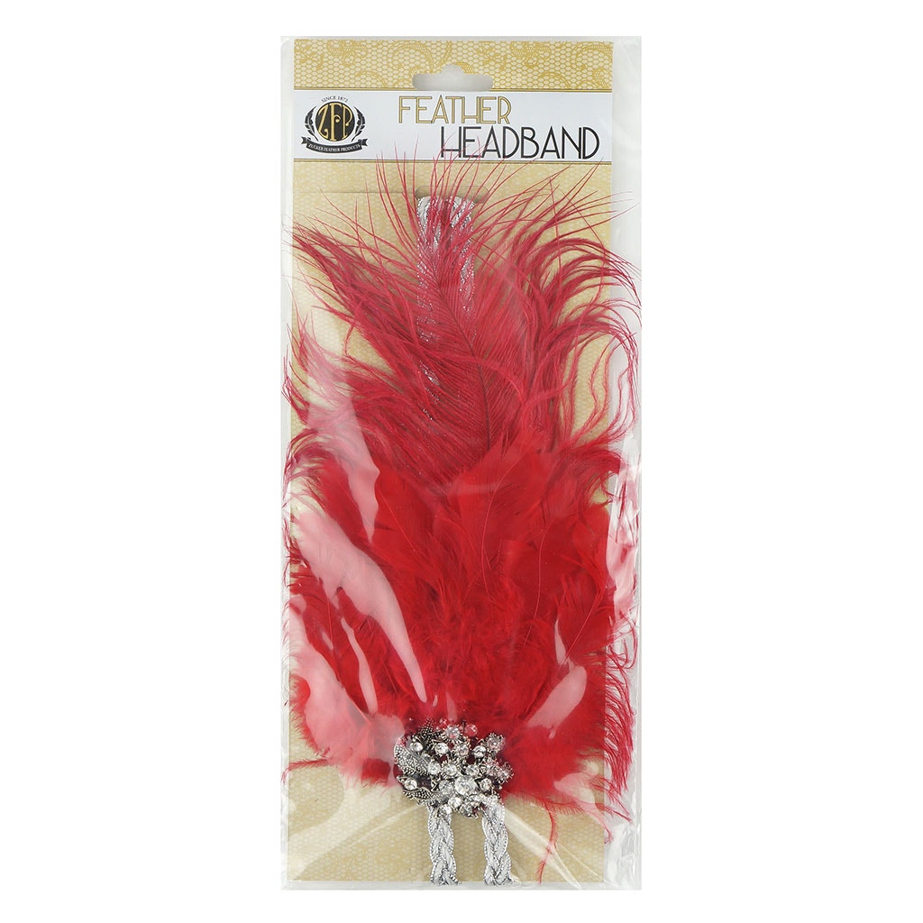 Feather Headband w/Ostrich/Schlappen Red/Silver