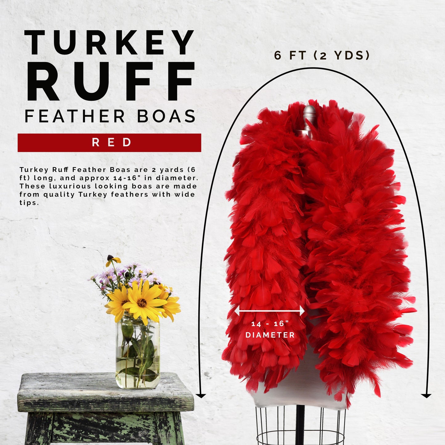 Turkey Ruff Feather Boa - 14-16" - Red