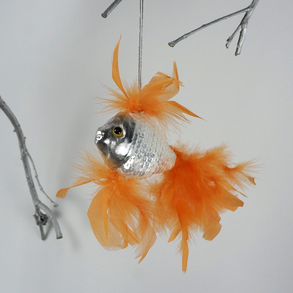 Zucker Large Orange Fish Christmas Ornament - Silver & Feather Holiday Birthday Home Decor, Size: 6