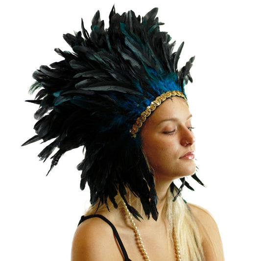 Large Sequined Adjustable Costume Feather Spirit Headdress 15" - Dark Turquoise Blue