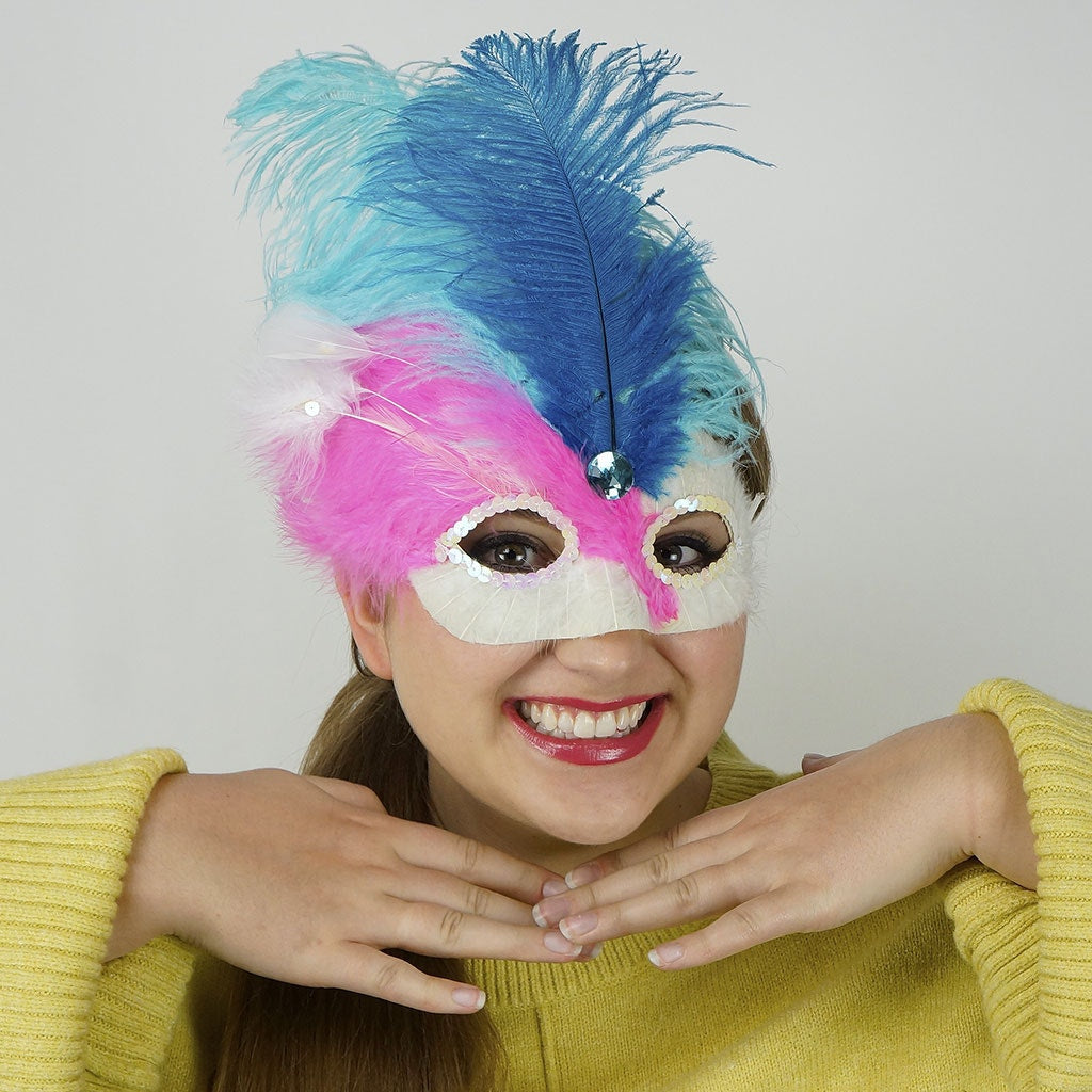 Pink-White Feather Mask w/Ostrich Feathers Lt Turq/Dk Turq