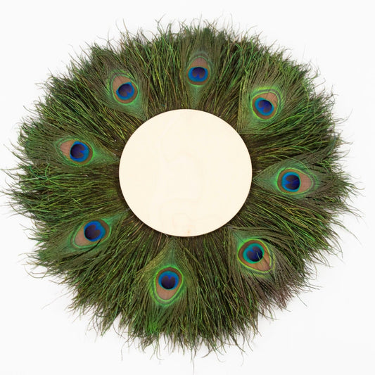 Table décor 8” Wood Ctr W/Peacock Flue and Eyes, 18” Dia