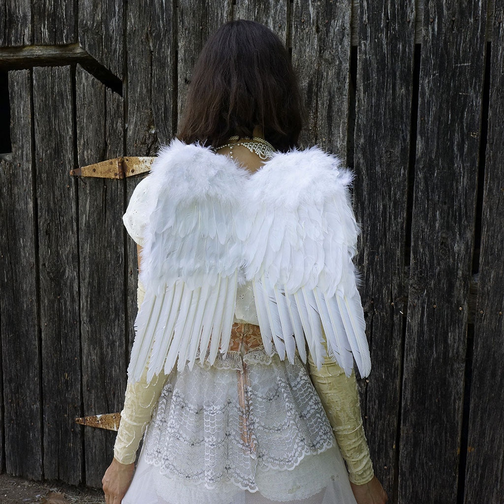 Small White Angel Costume Wings - Halloween Cosplay Feather Wing for Adults-Kids