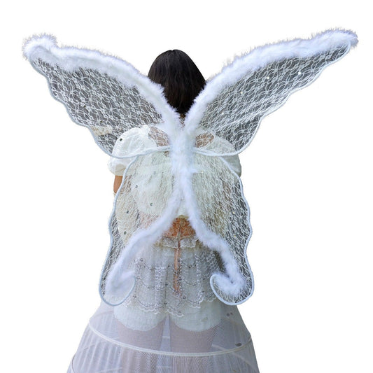 Adult White Angel Costume Wings - Large Fairy Butterfly Lace and Feather Wings, Sexy Halloween or Cosplay Accessories