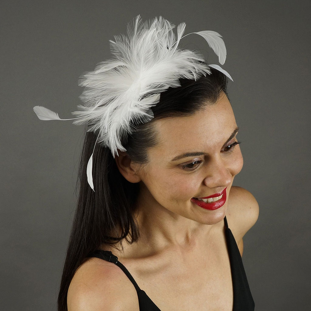 Feather Headband w/Rooster Hackle/Stripped Coque White
