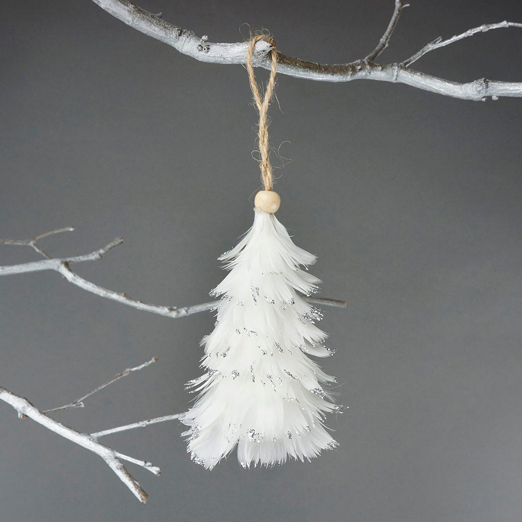 Mini Feather Tree Goose Ornament - White with Glitter - Silver